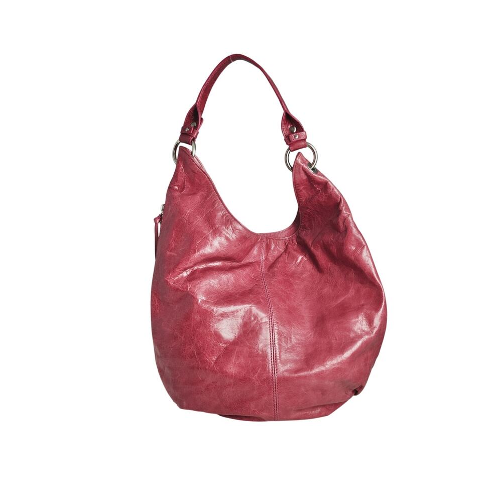 LARGE HOBO shoulder bag  Hot Pink Magenta Glossy, distressed leather SIDE ZIP